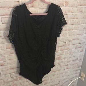 Torrid Black Asymmetrical Ruched Lace Bodysuit